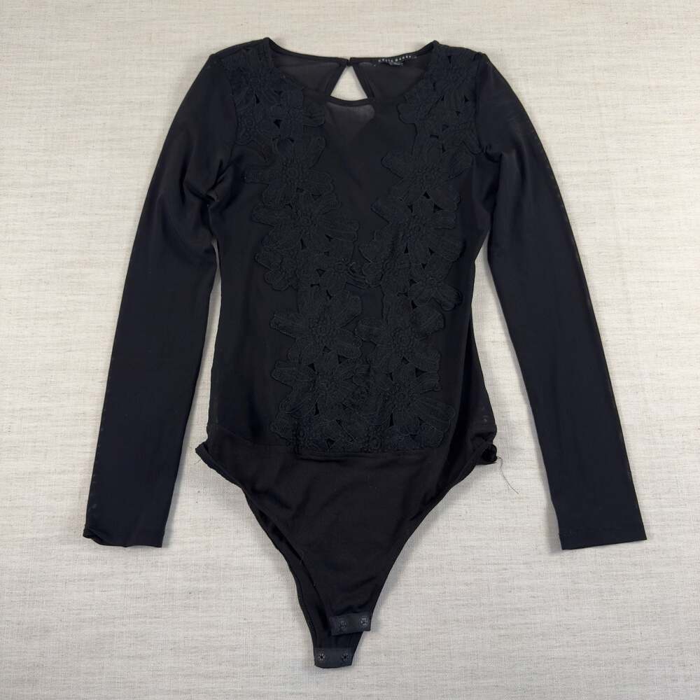 Haute Monde Black Floral Lace Mesh Long Sleeve‎ Bodysuit Size L